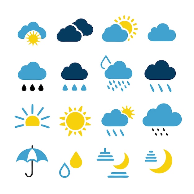 Colección de iconos meteorológicos de colores en un fondo blanco aislado 10
