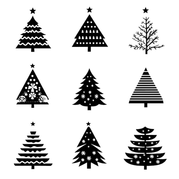 Colección de iconos minimalistas de árboles de Navidad en blanco y negro
