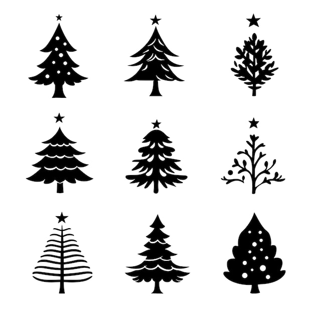 Colección de iconos minimalistas de árboles de Navidad en blanco y negro