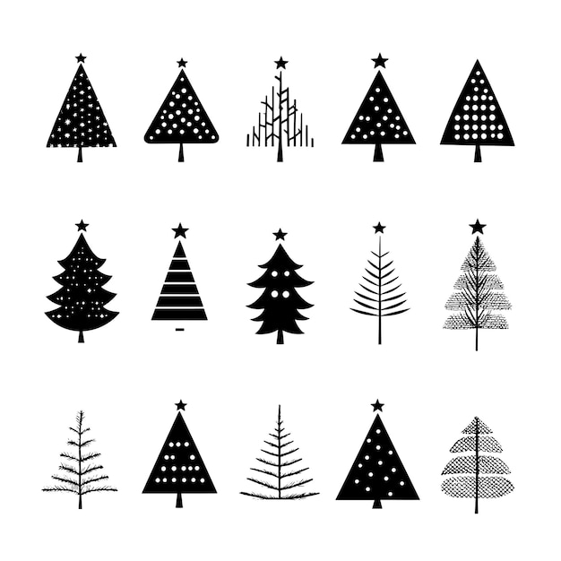 Colección de iconos minimalistas de árboles de Navidad en blanco y negro