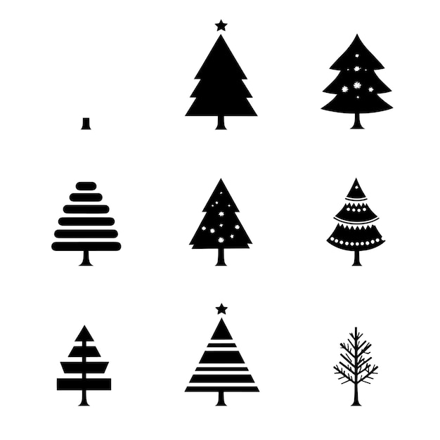 Colección de iconos minimalistas de árboles de Navidad en blanco y negro
