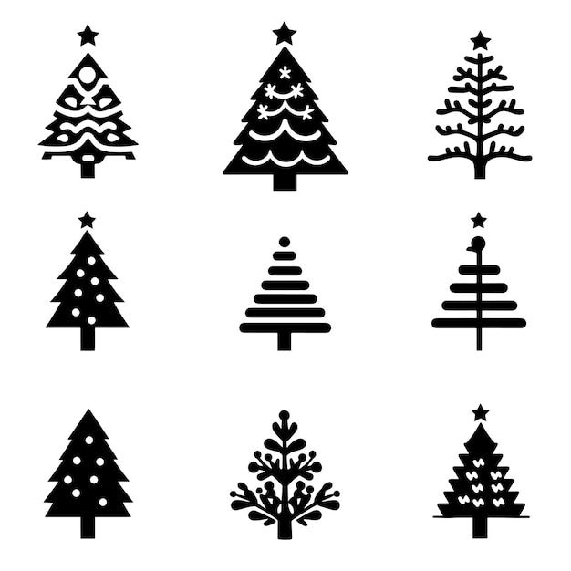 Colección de iconos minimalistas de árboles de Navidad en blanco y negro