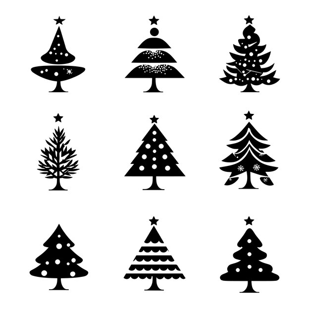 Colección de iconos minimalistas de árboles de Navidad en blanco y negro