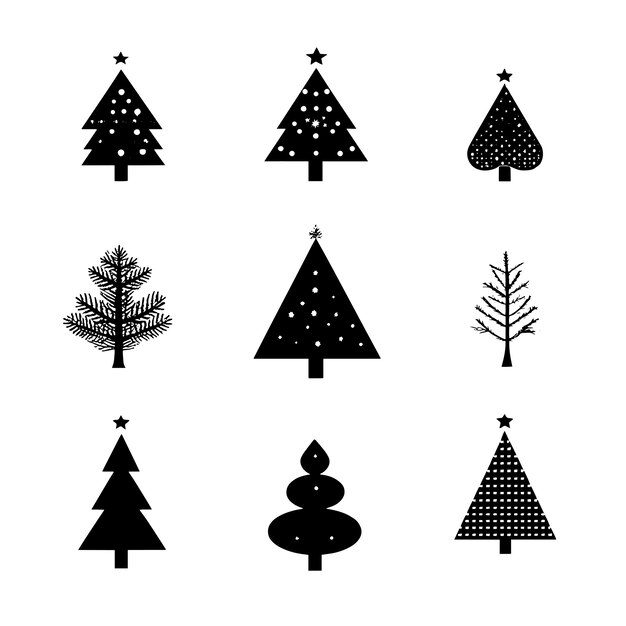 Colección de iconos minimalistas de árboles de Navidad en blanco y negro
