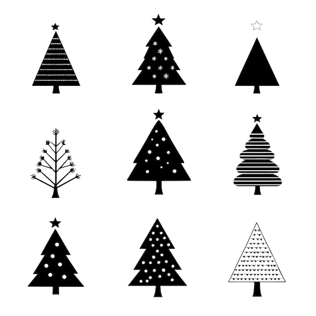 Colección de iconos minimalistas de árboles de Navidad en blanco y negro