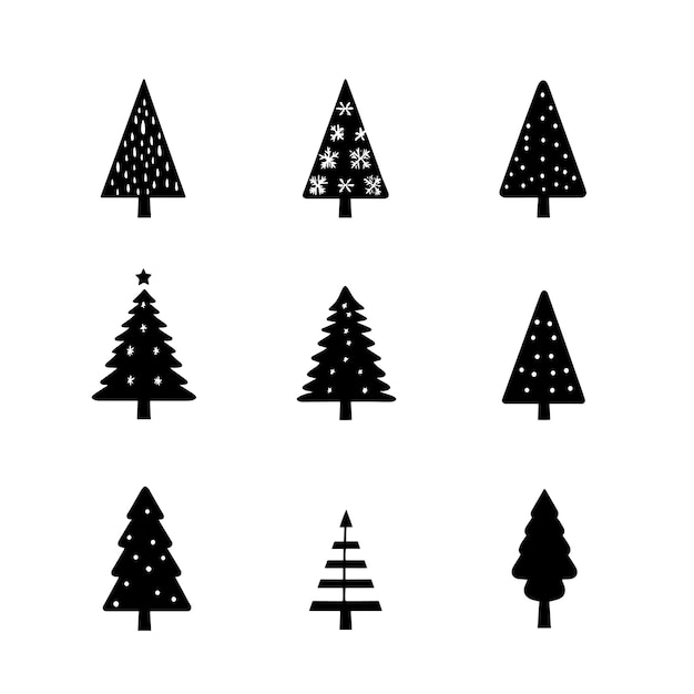Colección de iconos minimalistas de árboles de Navidad en blanco y negro