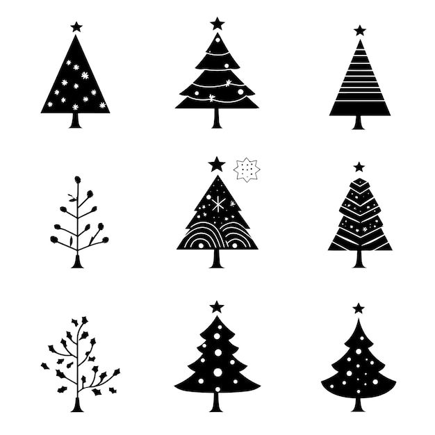 Colección de iconos minimalistas de árboles de Navidad en blanco y negro