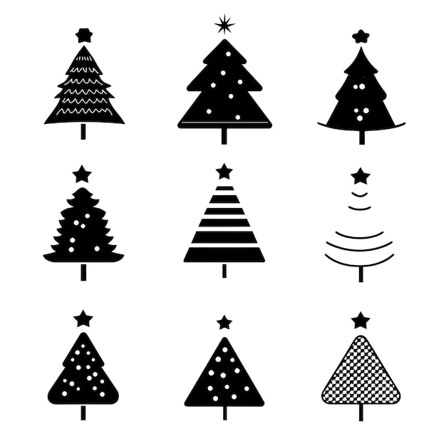 Colección de iconos minimalistas de árboles de Navidad en blanco y negro