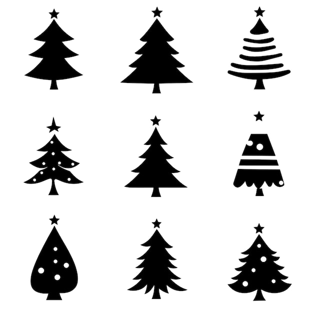 Colección de iconos minimalistas de árboles de Navidad en blanco y negro