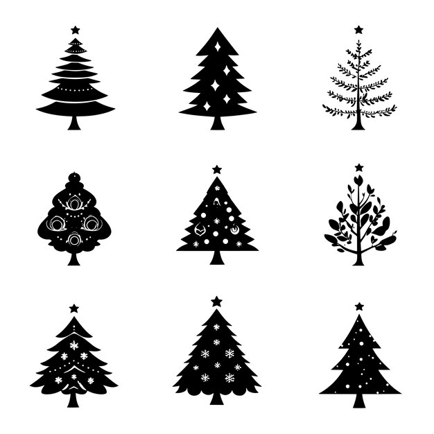 Colección de iconos minimalistas de árboles de Navidad en blanco y negro