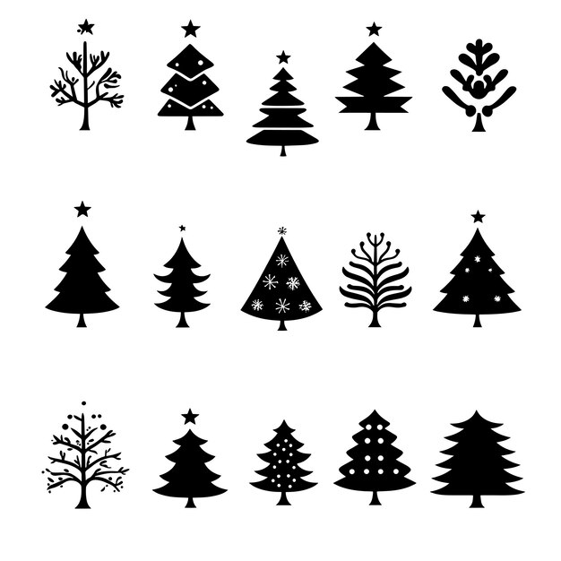 Colección de iconos minimalistas de árboles de Navidad en blanco y negro