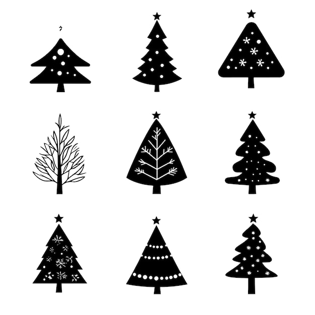 Colección de iconos minimalistas de árboles de Navidad en blanco y negro