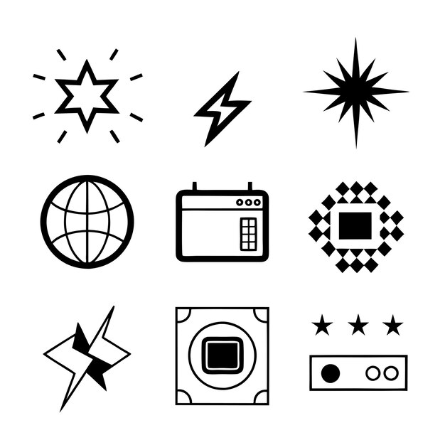 Colección de iconos minimalistas en blanco y negro monocromáticos Y2K