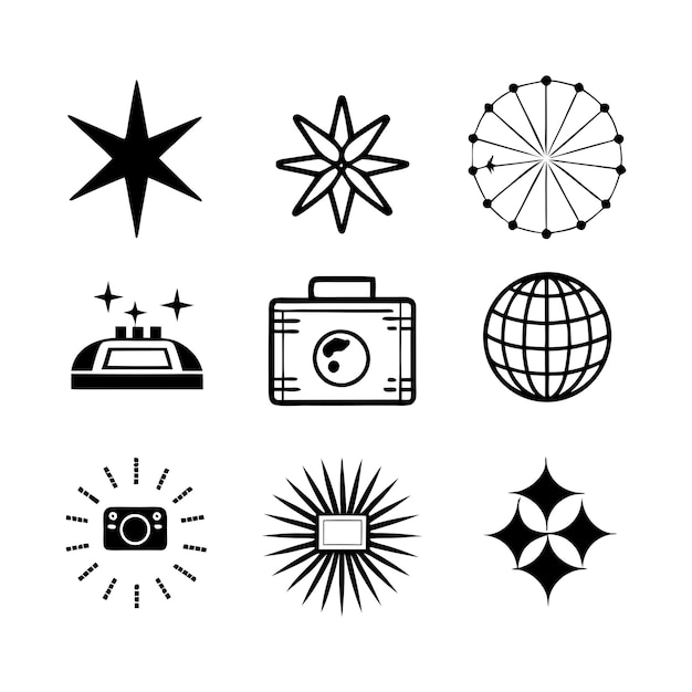 Colección de iconos minimalistas en blanco y negro monocromáticos Y2K