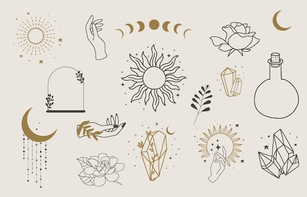 Vector colección de iconos místicos uso para diseño oculto boho con sol y luna