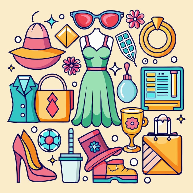 Colección de íconos de la moda coloridos con gafas de sol, zapatos de vestido, bolsas, sombreros, joyas y accesorios