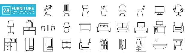 Colección de iconos de muebles hogar interior oficina cocina baño editable y redimensionable EPS10