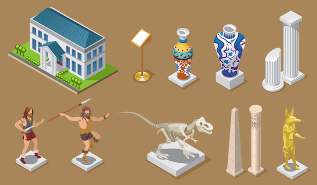 Colección de iconos de museo isométrico con edificio jarrones antiguos columnas construcciones egipcias gente primitiva dinosaurio faraón exhibiciones aisladas