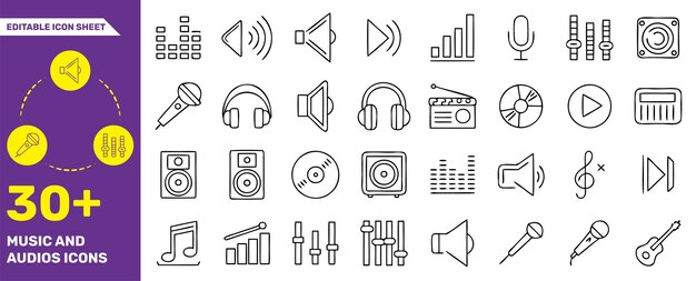 Colección de iconos de música y audio 30 iconos de línea editables para temas de música de sonido y audio