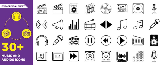 Colección de iconos de música y audio 30 iconos de línea editables para temas de música de sonido y audio