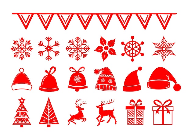 Colección de íconos de Navidad Árboles sombreros de Santa copos de nieve renos y decoraciones festivas Iconos de navidad