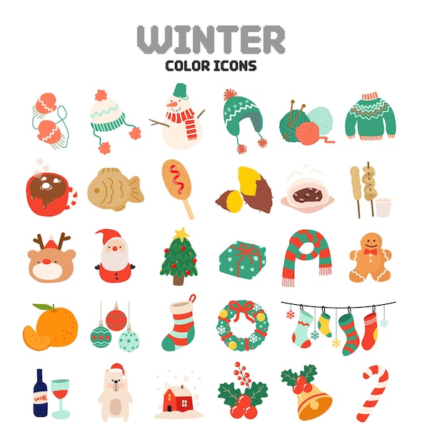 Vector una colección de iconos de navidad, incluido un hombre de nieve, papá noel y un árbol de navidad