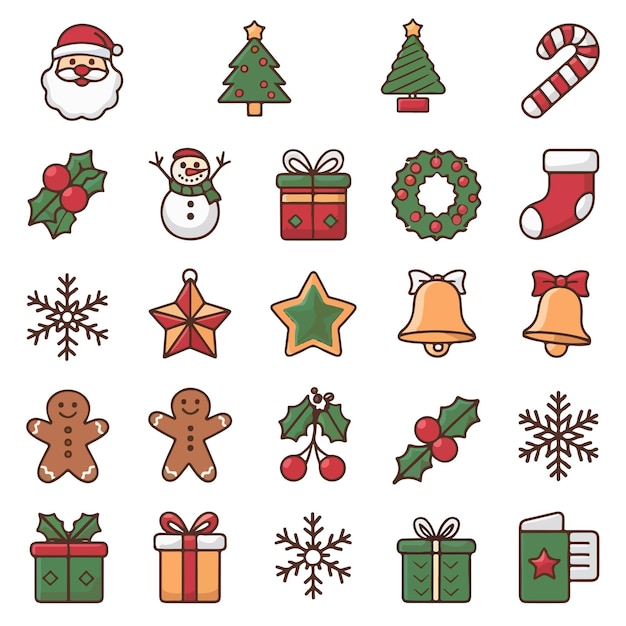 Una colección de iconos navideños, incluidas la Santa y las decoraciones navideñas