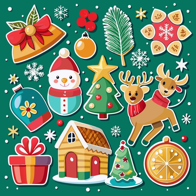Una colección de iconos navideños que incluyen un hombre de nieve, un reno, un árbol de Navidad, una casa de pan de jengibre y una campana.
