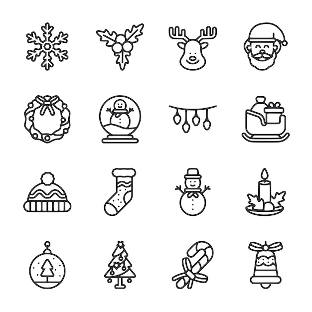 Una colección de iconos navideños que incluyen un hombre de nieve, un reno y Papá Noel