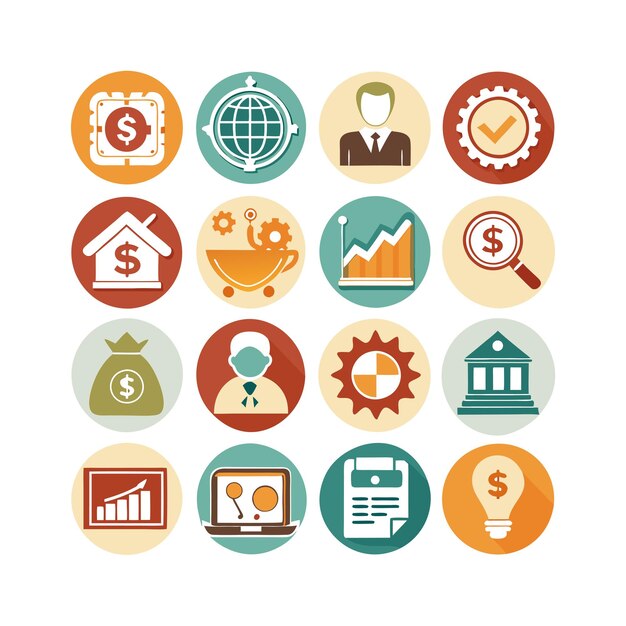 Colección de iconos de negocios y finanzas Ilustración vectorial para documentos, sitios web y aplicaciones