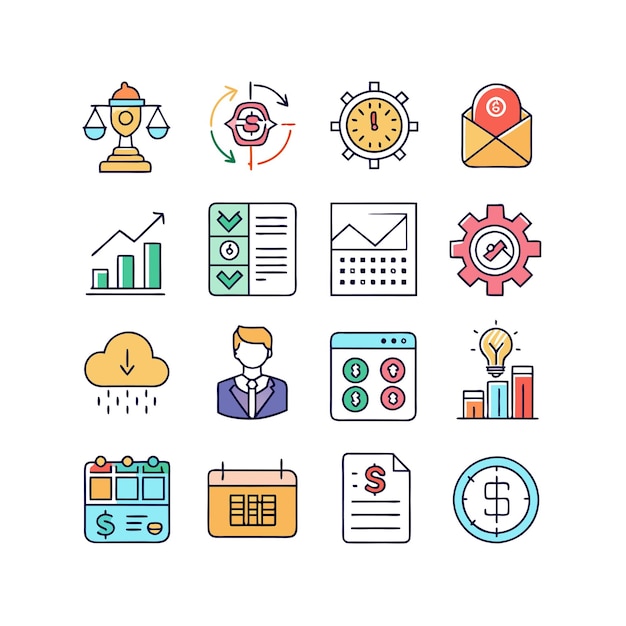 Colección de iconos de negocios y finanzas Ilustración vectorial para documentos, sitios web y aplicaciones