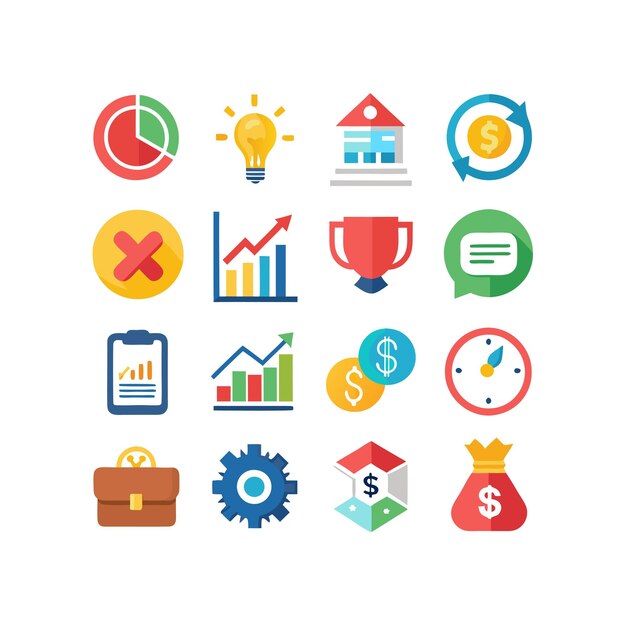 Colección de iconos de negocios y finanzas Ilustración vectorial para documentos, sitios web y aplicaciones