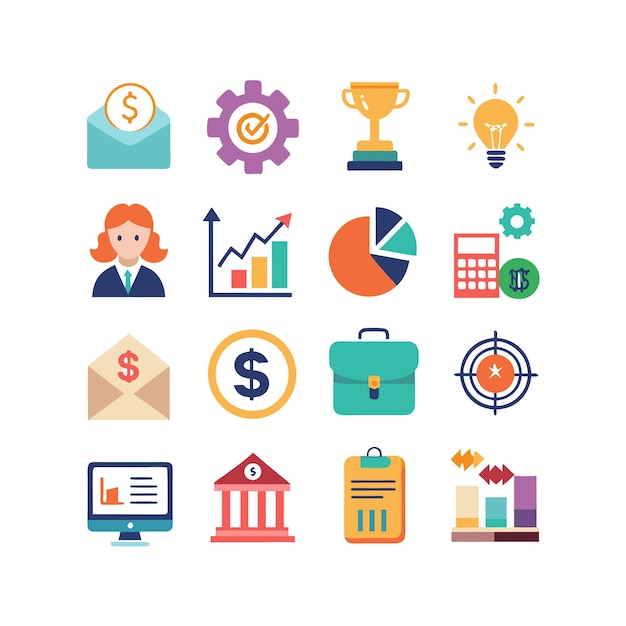 Colección de iconos de negocios y finanzas Ilustración vectorial para documentos, sitios web y aplicaciones