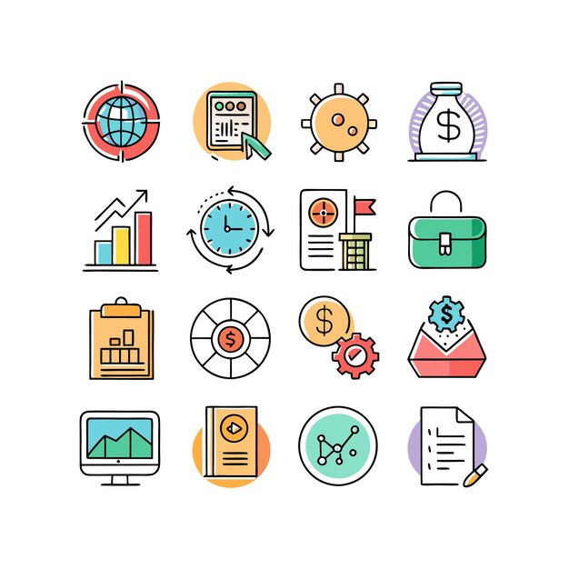 Colección de iconos de negocios y finanzas Ilustración vectorial para documentos, sitios web y aplicaciones