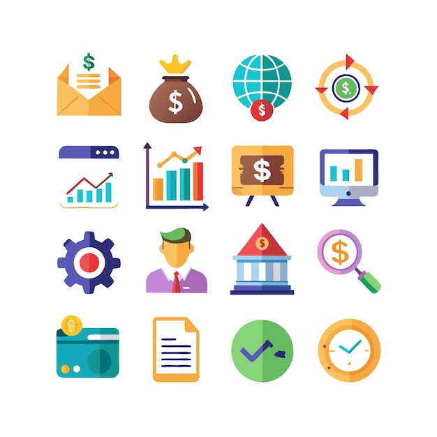 Colección de iconos de negocios y finanzas Ilustración vectorial para documentos, sitios web y aplicaciones