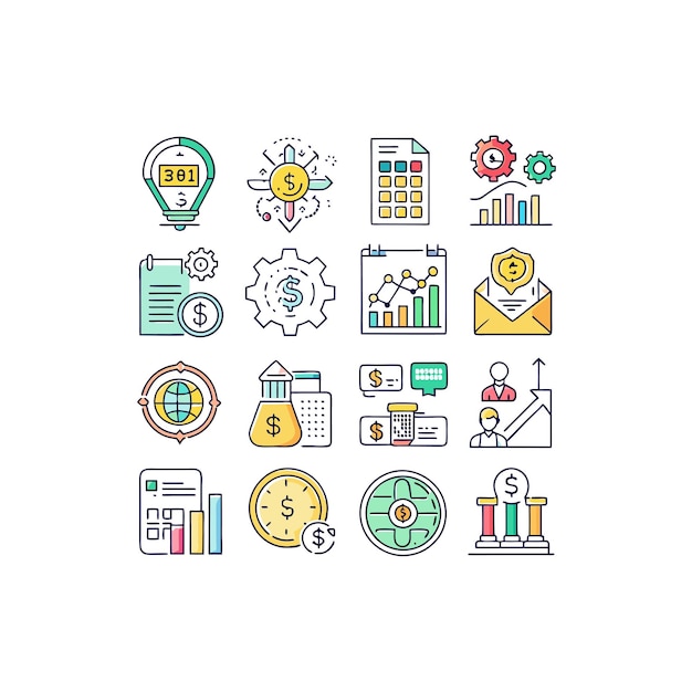 Colección de iconos de negocios y finanzas Ilustración vectorial para documentos, sitios web y aplicaciones