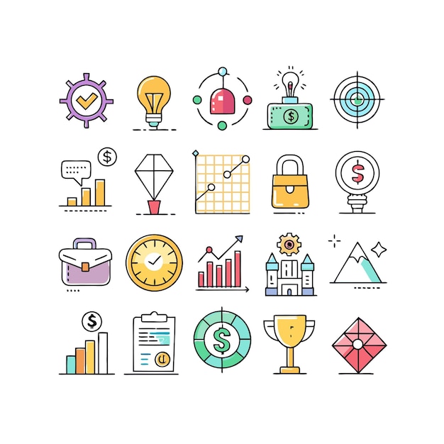 Colección de iconos de negocios y finanzas Ilustración vectorial para documentos, sitios web y aplicaciones