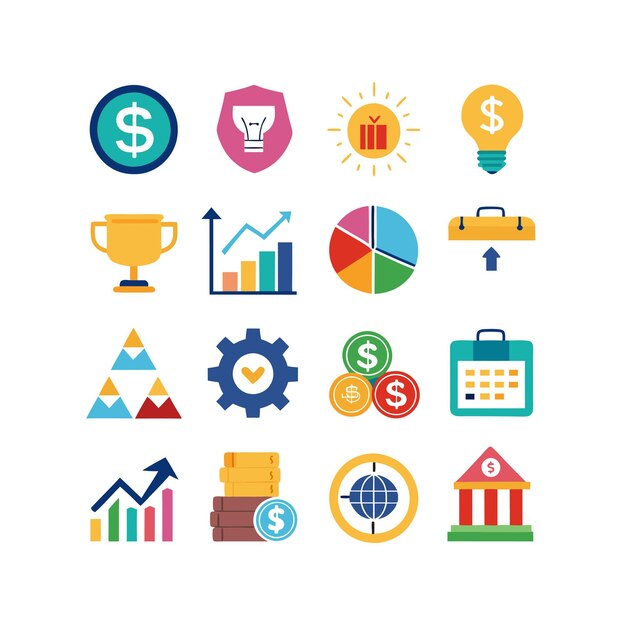 Colección de iconos de negocios y finanzas Ilustración vectorial para documentos, sitios web y aplicaciones