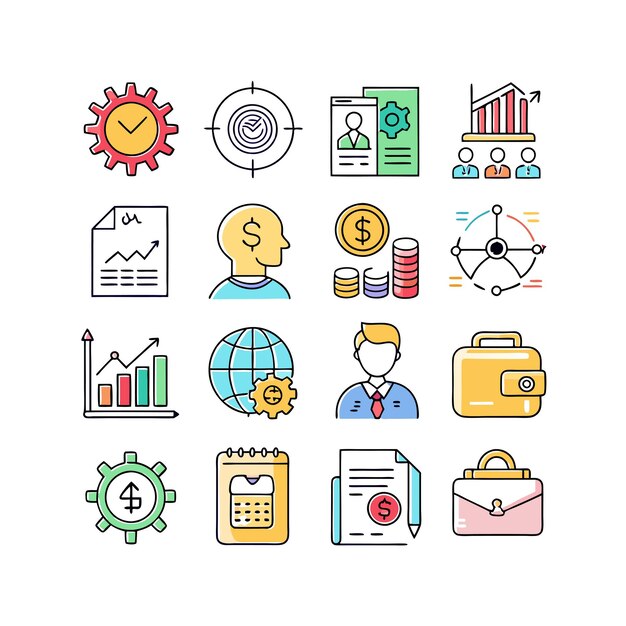 Colección de iconos de negocios y finanzas Ilustración vectorial para documentos, sitios web y aplicaciones