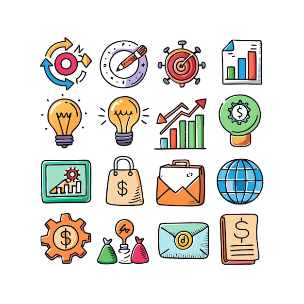 Colección de iconos de negocios y finanzas Ilustración vectorial para documentos, sitios web y aplicaciones
