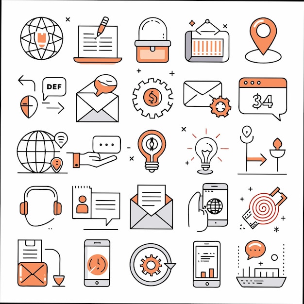 una colección de iconos de negocios, incluido uno que dice internacional