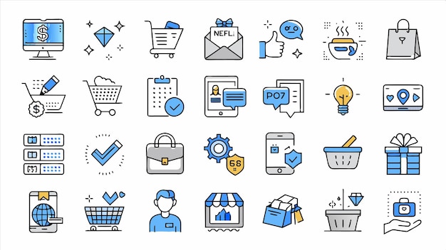 una colección de iconos de negocios, incluido uno que dice negocio y el otro es una tarjeta de visita