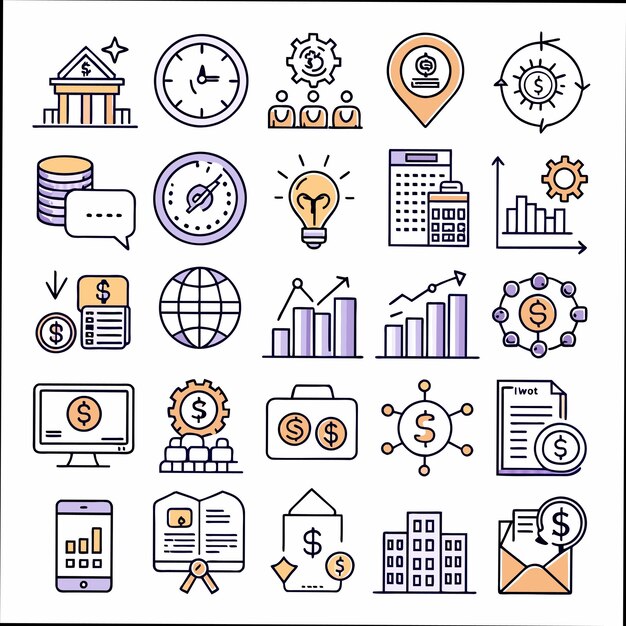 una colección de iconos de negocios, incluido uno que dice "servicios financieros"
