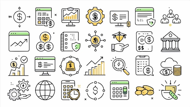 una colección de iconos de negocios, incluido uno que tiene la palabra financiera en él