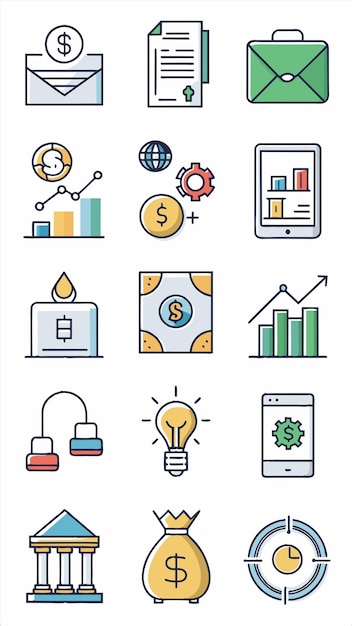 una colección de iconos de negocios, incluido uno que tiene la palabra financiera en él