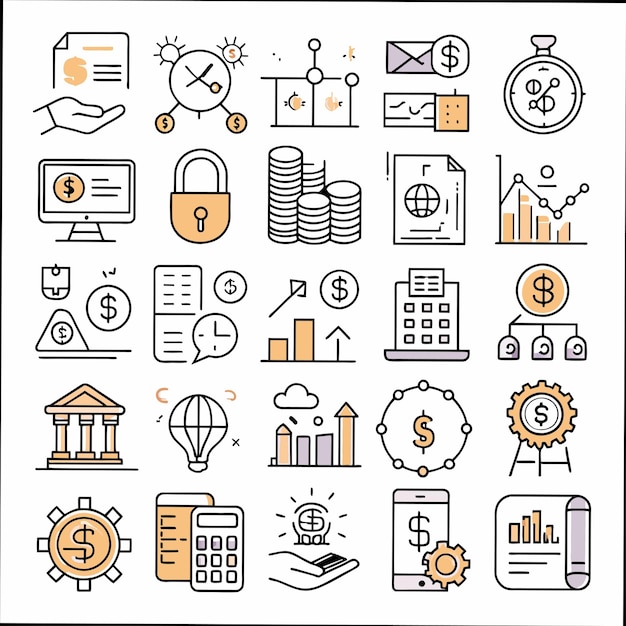 una colección de iconos de negocios incluyendo un banco de América