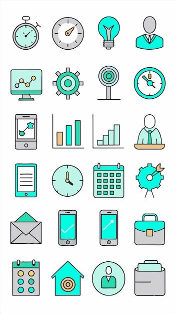 una colección de iconos de negocios incluyendo una calculadora una calculadora y un reloj