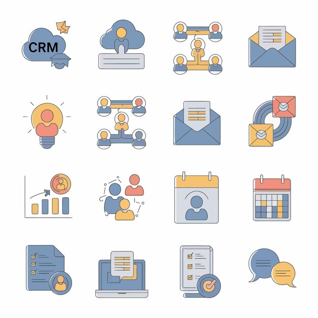 una colección de iconos de negocios incluyendo una nube azul con un letrero azul que dice