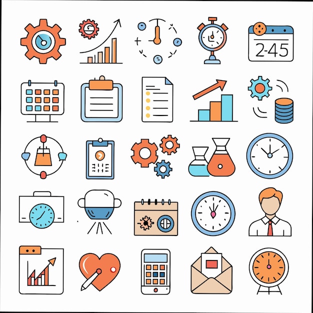 una colección de iconos de negocios incluyendo uno que dice tiempo