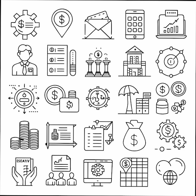 una colección de iconos de negocios incluyendo un reloj y un edificio con un reloj en la parte superior